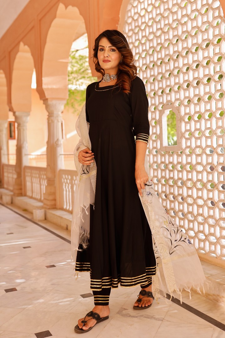 Solid black suit set with hand painted organza dupatta